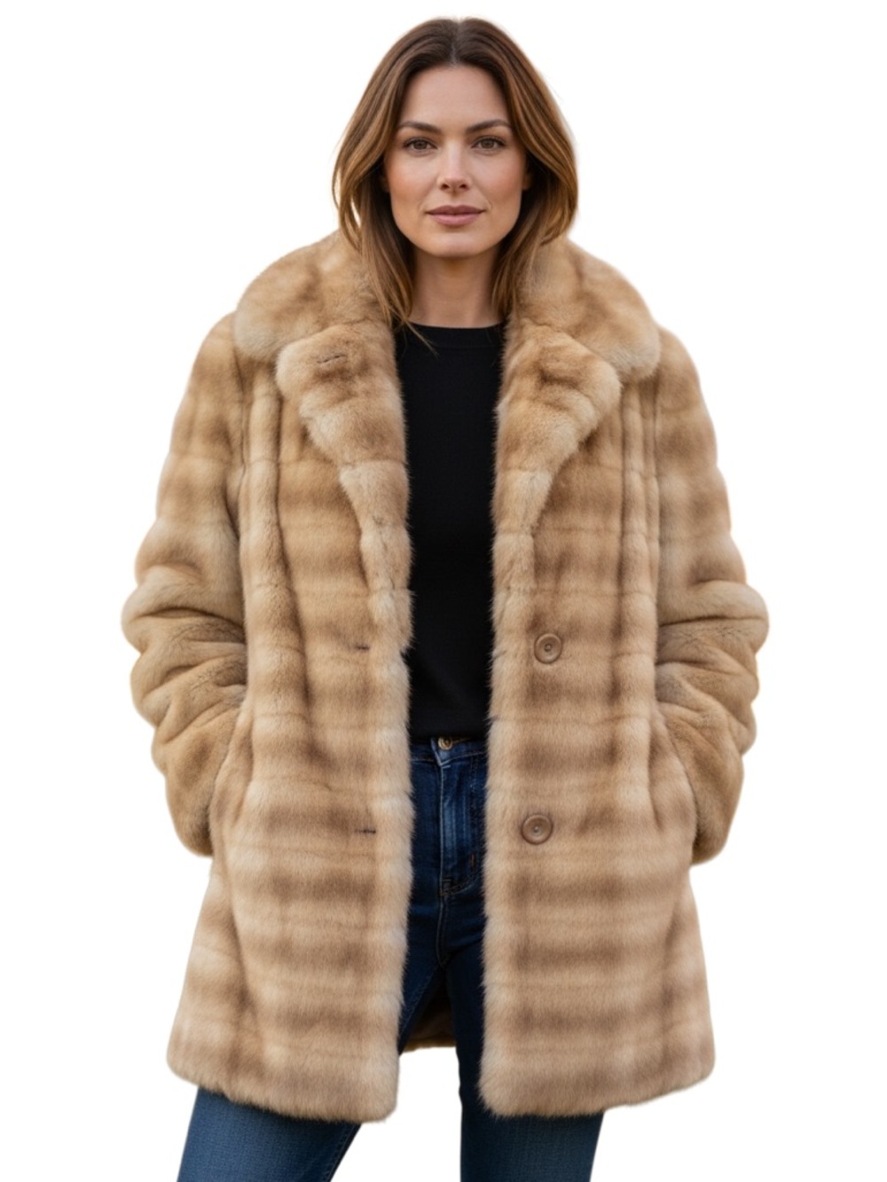Lou Ritchie Vintage Beige Faux Fur Coat With Hood  Button Closure Mob wife large